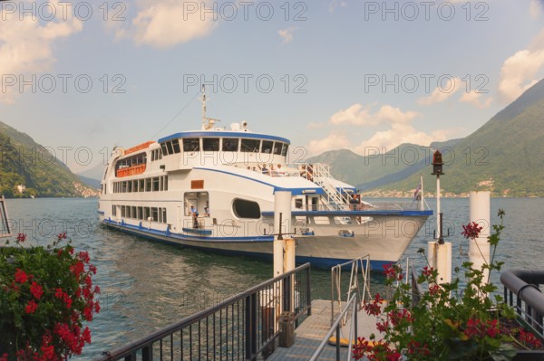 Sightseeing boat on Lake Como, Italian Lago di Como, one of the Upper Italian lakes, Lombardy