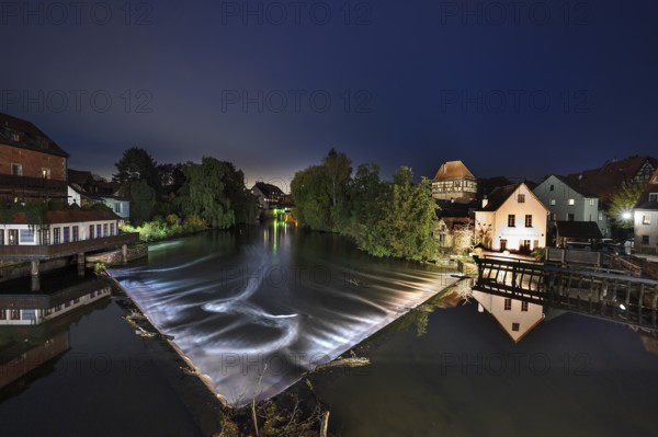 Nocturnal view of Pegnitz with dam and grinding mill, Lauf an der Pegnitz, Middle Franconia,
