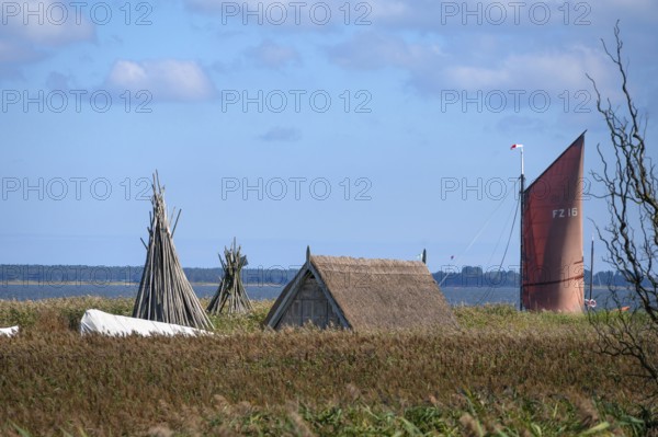 Zeesboot at a dock in the lagoon, fishing hut in the reed in front, Ahrenshoop, Darß,