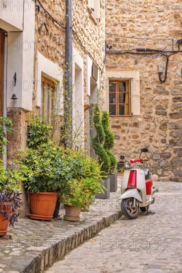 Scooter parked on a street in an idyllic city street with green plants in front of the houses on