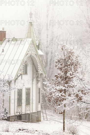 A cold foggy winter day with a beautiful idyllic wooden house with hoarfrost and snow in the