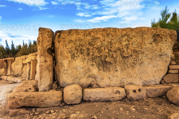 Monolith measuring six x three meters, weight of 60 tons, megalithic Hagar Qim temple with a total