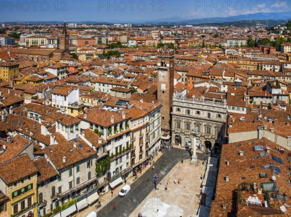 Piazza delle Erbe, view from Torre dei Lamberti, Verona with medieval old town, Veneto, Italy,