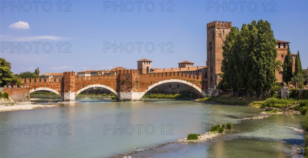Castelvecchio and Ponte Scaligero, Scaliger Bridge, 1354 - 1357, Verona with medieval old town,