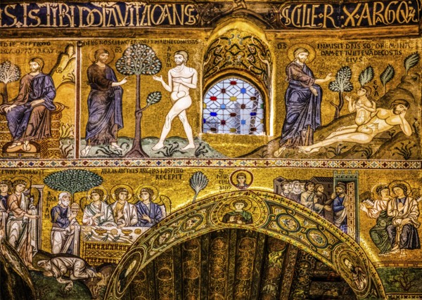 Eve is created from Adam's rib, story of creation, elaborate gold mosaics with episodes from the