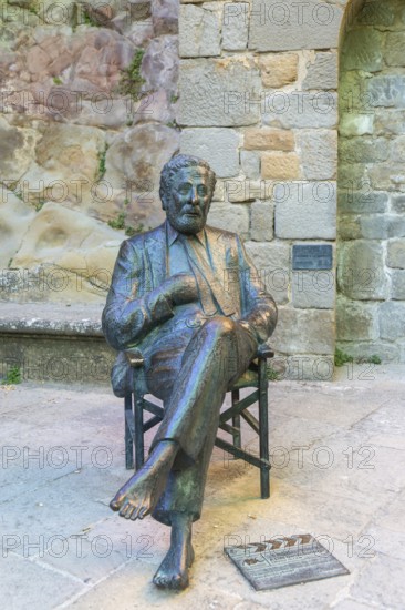 Bronze sculpture Luis Garcia Berlanga (1921-2010) film director, Sos del Rey Catolico, Aragon,