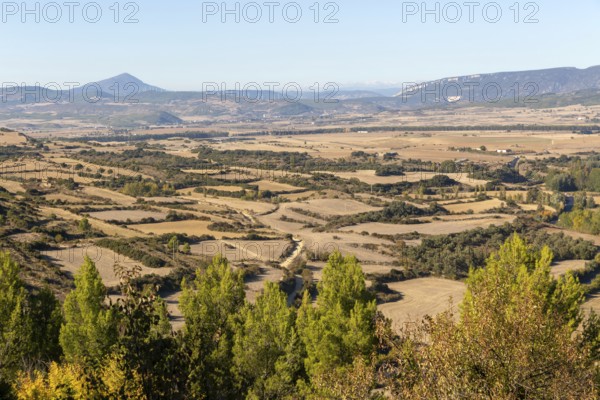Countryside landscape view north to the Pyrenees Mountains, Sos del Rey Catolico, Cinco Villas