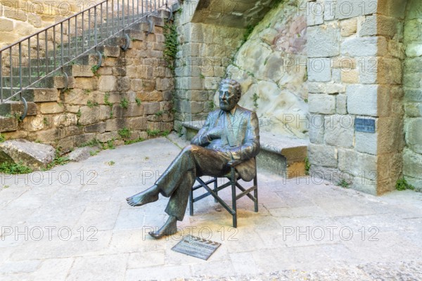 Bronze sculpture Luis Garcia Berlanga (1921-2010) film director, Sos del Rey Catolico, Aragon,