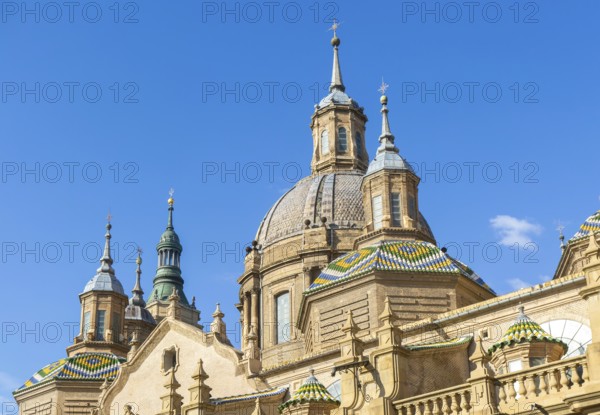 Towers and domes on roof of Basilica of Our Lady of the Pillar cathedral church, Zaragoza, Aragon,