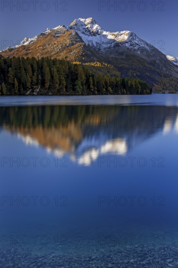 Mountain lake, reflection, mountains, larch forest, autumn discoloration, autumn, sunrise, Lake