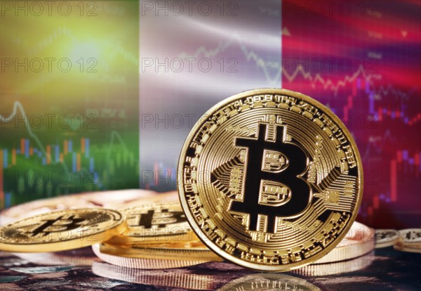 Bitcoin with Italian flag in the background. Investors in cryptocurrency and Blockchain Technology