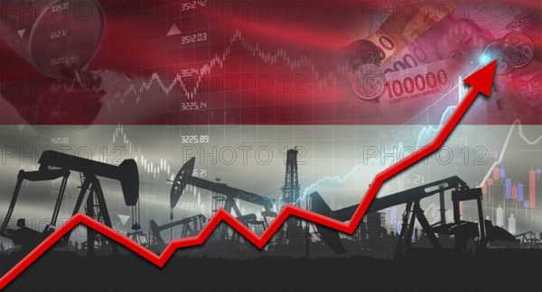 Growth of oil industry with Indonesian flag. Oil pumps with Indonesian flag. Oil production with