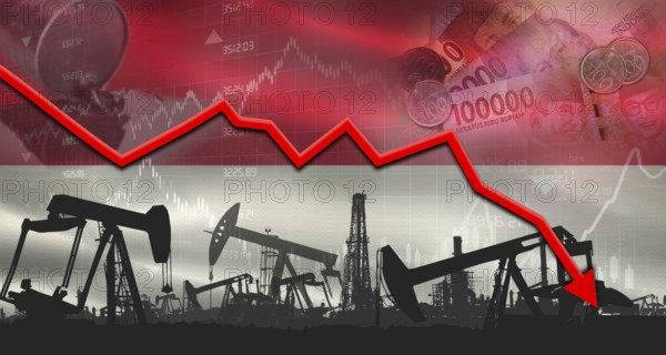 Fall oil price with Indonesian flag on economic chart, Petrol crisis with Indonesian flag on
