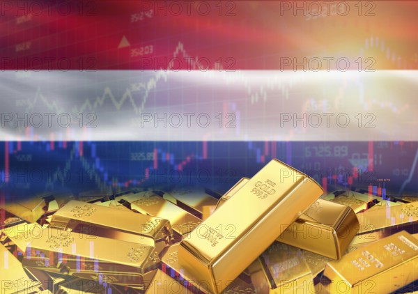 Gold bars on Netherlands flag in background. Gold bars stacked on Dutch flag. Concept of