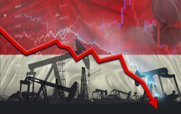 Crude crisis with Indonesian flag on financial graph. Fall oil price with flag of Indonesia on