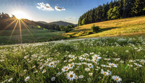 A sunlit meadow with daisies against a forest backdrop under a blue sky, Late summer country