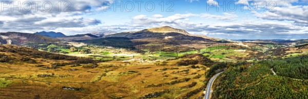 Snowdonia National Park over Road A470 from a drone, Crimea Pass, Blaenau Dolwyddelan, Wales,
