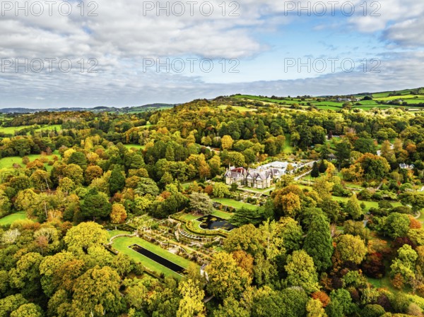 Autumn colours over Bodnant House and Garden from a drone, Conwy River, Colwyn Bay, Conwy, Wales,