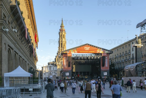 Stage for Pilar 2025 activities in Plaza of Our Lady of the Pillar, Zaragoza, Aragon, Spain, Europe