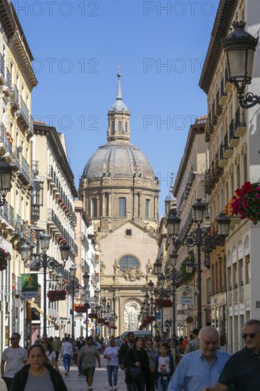 View of Basilica of Our Lady of the Pillar cathedral church from Calle de Alfonso I, Zaragoza,
