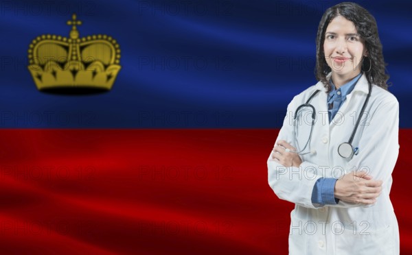 Liechtensteiner medicine and healthcare concept. Doctor close up against Liechtenstein flag