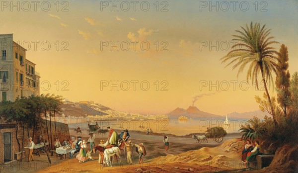 Evening scene on the Naples promenade with Vesuvius in the background, Campania, Italy, based on a