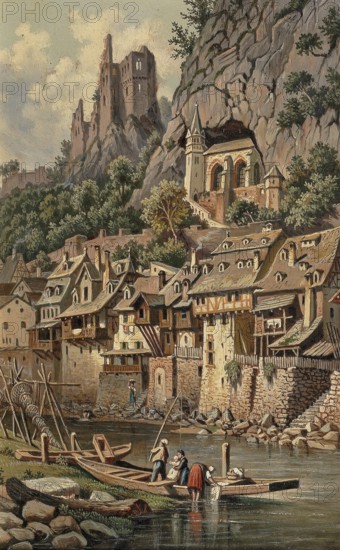 View of the rock church and castle ruins of Idar-Oberstein, Rhineland-Palatinate, Germany, based on