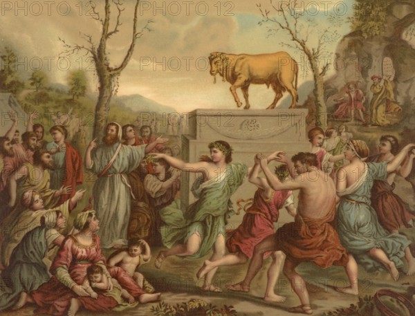 Biblical scene, Bible, Adoration of the Golden Calf, illustration, reproduction from a 19th century
