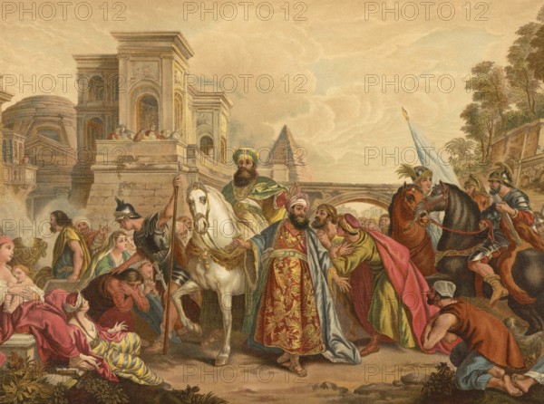 Biblical scene, Bible, The Triumph of Mordechai, illustration, reproduction from a 19th century