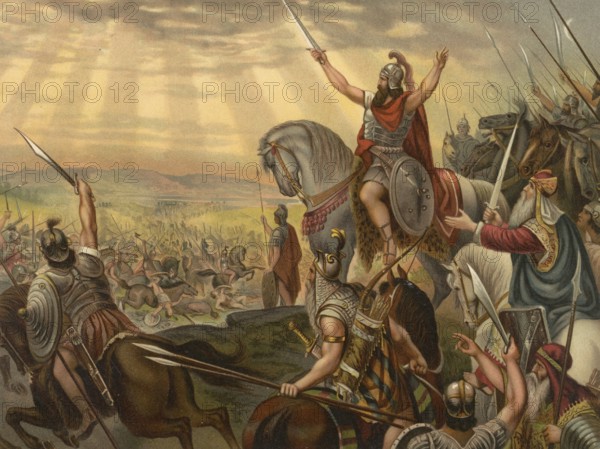Biblical scene, Bible, The Miraculous Victory over the Amorites, refers to several battles in which