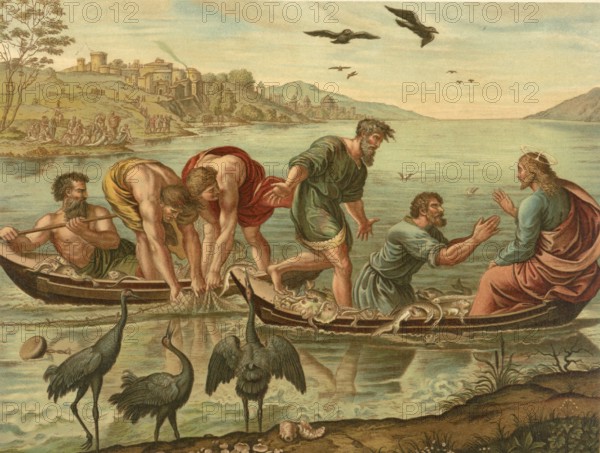 Biblical scene, Bible, The Miraculous Fishing, a parable about faith and trust in Jesus, the