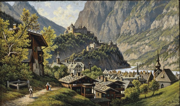 View of the town of Werfen in the province of Salzburg, Austria, based on a painting by Hubert