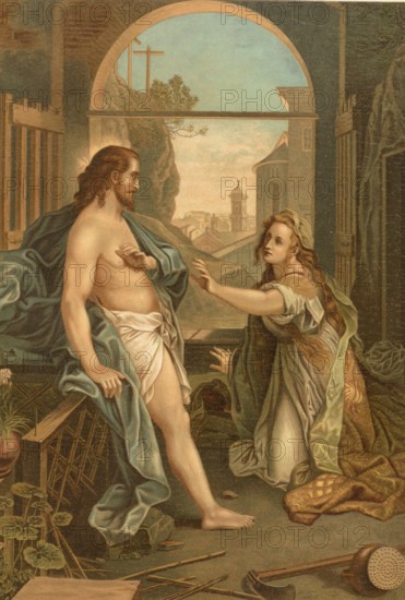 Biblical scene, Bible, Jesus appears to Mary Magdalene on Easter morning as she cries sadly at the