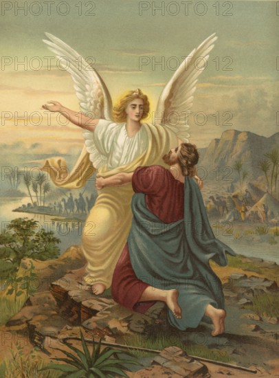 Biblical scene, Bible, Jacob wrestling with the angel of the Lord, Jacob's fight at the Jabbok is a