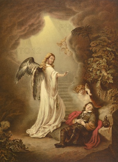 Biblical scene, Bible, Jacob's dream, angels climb up and down these stairs, and God speaks to