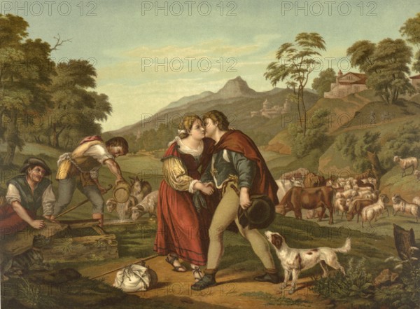 Biblical scene, Bible, Jacob and Rachel, Rachel are figures from the Old Testament that combine a