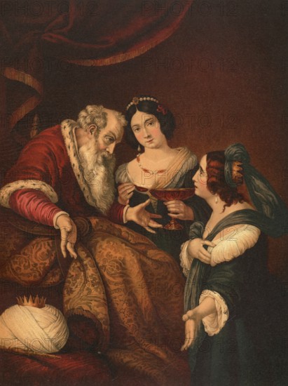 Biblical scene, Bible, Esther implores the Persian King Ahasuerus for mercy, illustration,