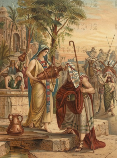 Biblical scene, Bible, Eliezer is looking for Rebecca, Eliëser of Damascus is in the Jewish and