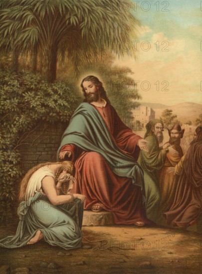 Biblical scene, Bible, Christ and the Adulteress, comes from the Gospel of John (John 8:1—11) and