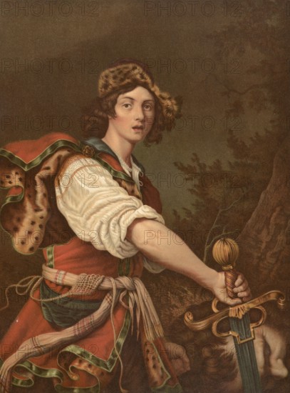 Biblical scene, Bible, David with the head of Goliath. David triumphantly holding the severed head