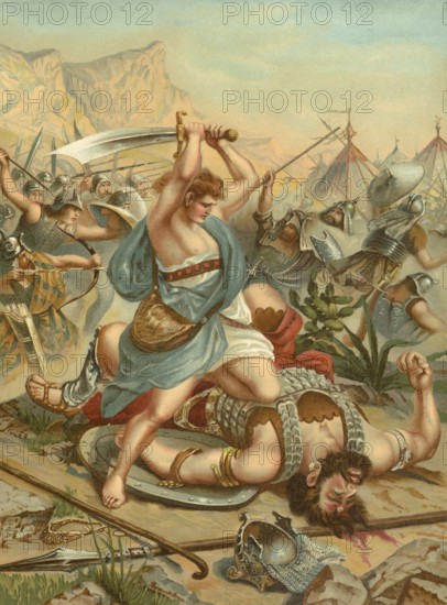 Biblical scene, Bible, David defeats Goliath. The biblical hero David defeats the giant warrior