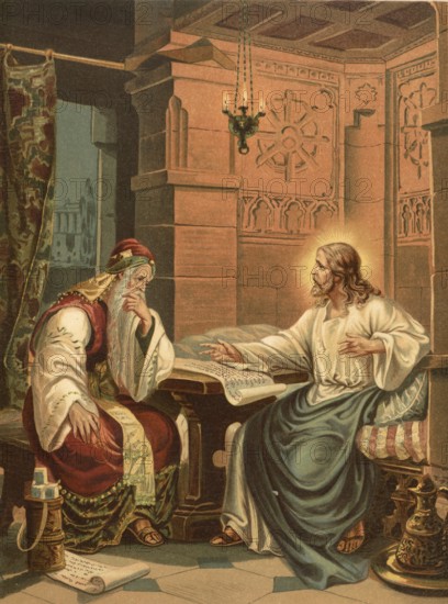 Biblical scene, Bible, Christ's conversation with Nicodemus. The conversation between Jesus and