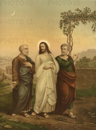 Biblical scene, Bible, Christ goes to Emmaus with his disciples. The biblical story is about two