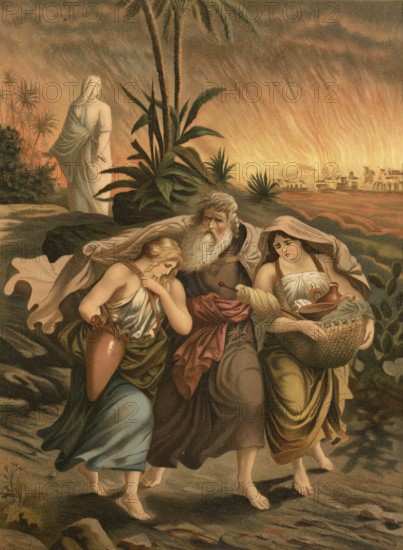 Biblical scene, Bible, Lot flees from the city of Sodom with his woman and two daughters in front