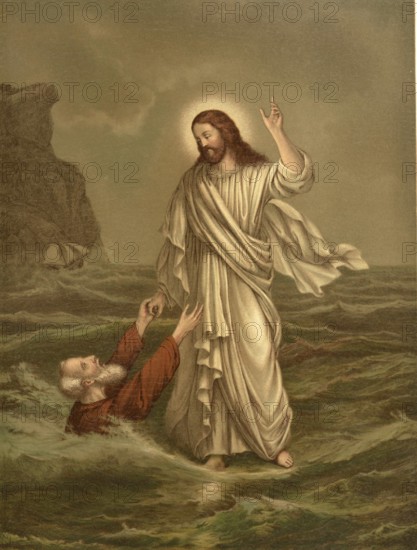 Biblical scene, Bible, The Drowning Saint Peter, refers to a biblical event in which Peter begins