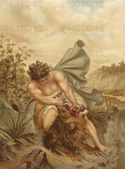 Biblical scene, Bible, Samson kills a lion as he is on his way to marry a woman. The spirit of God