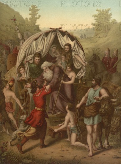 Biblical scene, Bible, Joseph settles his family, including Jacob, in Goshen because the land is