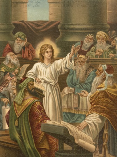 Biblical scene, Bible, Jesus teaching in the temple. Jesus' teaching in the temple in Jerusalem is
