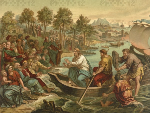 Biblical scene, Bible, Jesus preached from the boat because crowds were harassing him on the banks.