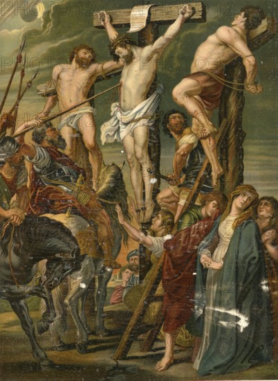 Biblical scene, Bible, stabbing with a spear. During the crucifixion, a Roman soldier stabbed Jesus
